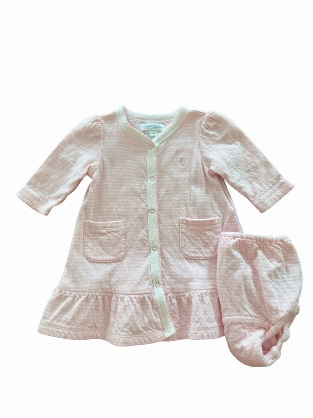 Ralph Lauren Pink Stripe Cotton Snap Front Dress & Bloomer Set 9M